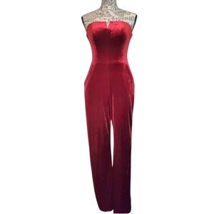 Premier Amour Deep Red Velvet Strapless Wide Leg Jumpsuit Size: 4